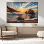 Rocky Ocean Sunset Wall Art Print, Seaside Canvas with Dramatic Seascape