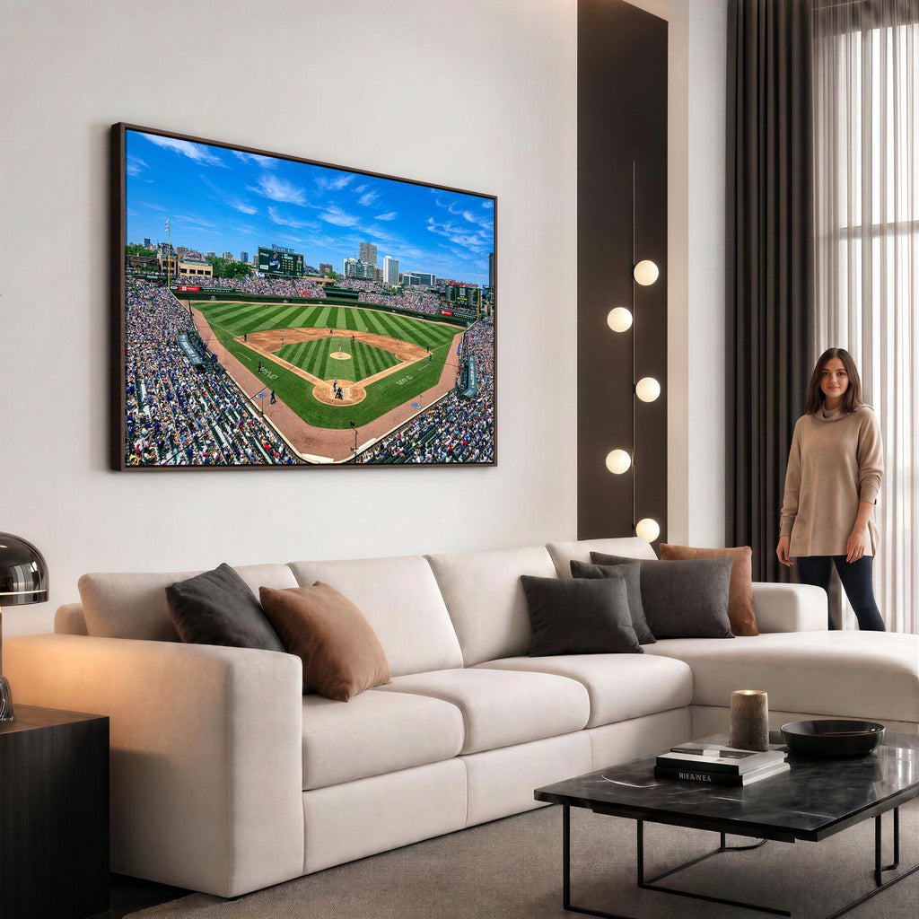 Wrigley Field Baseball Stadium Canvas Wall Art, Packed Crowd and Chicago Skyline