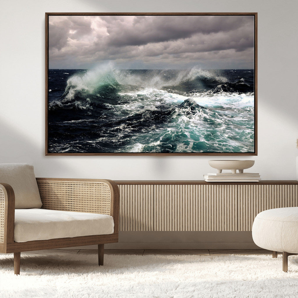 Stormy Ocean Waves Canvas Wall Art, Framed Turbulent Sea Nature Print