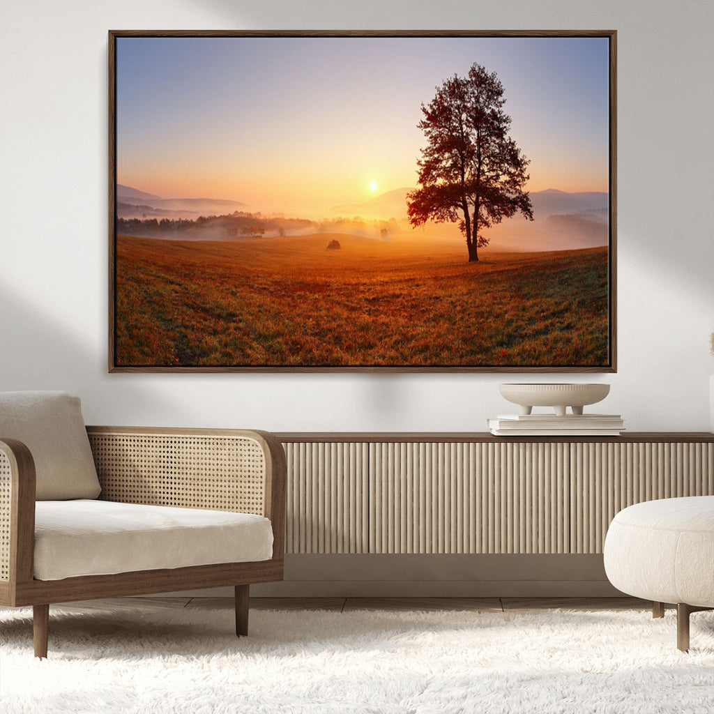 Golden Sunrise Landscape Canvas Wall Art, Framed Misty Field Nature Print
