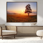 Golden Sunrise Landscape Canvas Wall Art, Framed Misty Field Nature Print