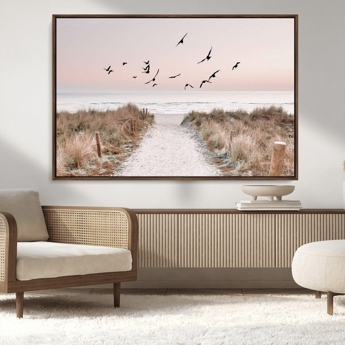 Coastal Pathway Canvas Wall Art Print, Framed Seaside Landscape with Beach and Birds