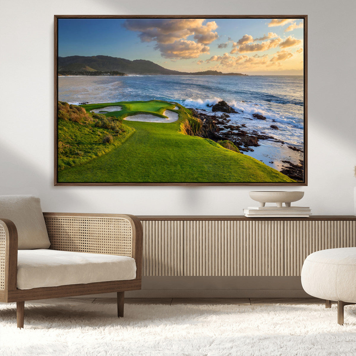 Coastal Golf Course Wall Art Canvas Print, Sunset with Rolling Green Fairways and Ocean Waves