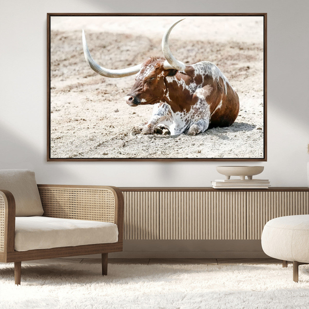 Majestic Longhorn Wall Art Canvas Print, Resting on Sunlit Desert Ground