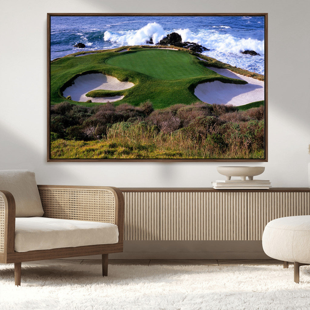 Ocean Cliff Golf Course Wall Art Canvas Print, Waves Crashing, Coastal Golf Landscape