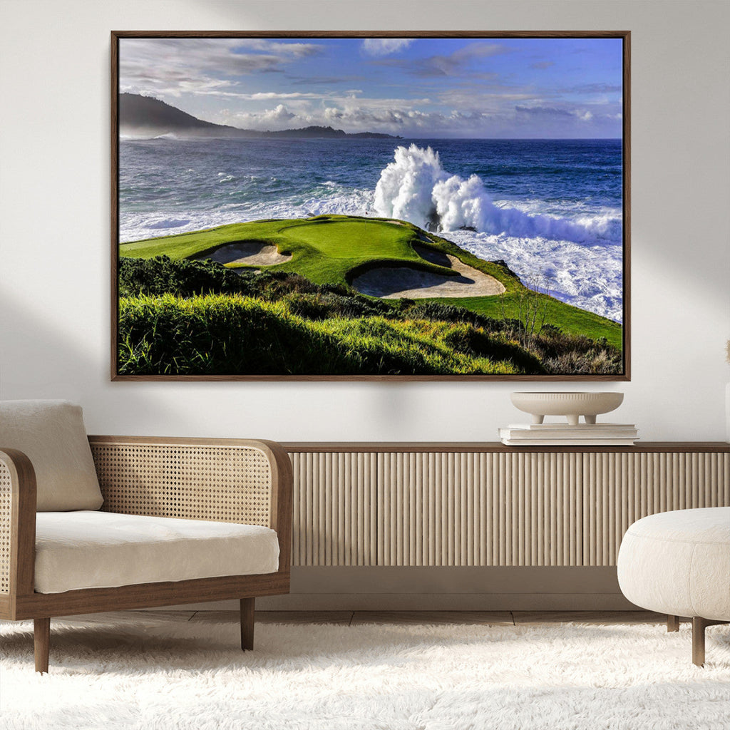 Ocean Waves Crashing Wall Art Canvas Print, Dramatic Rocky Coastline Near a Golf Course