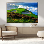 Coastal Golf Course Wall Art Canvas Print, Vibrant Green with Sand Bunkers and Ocean Waves