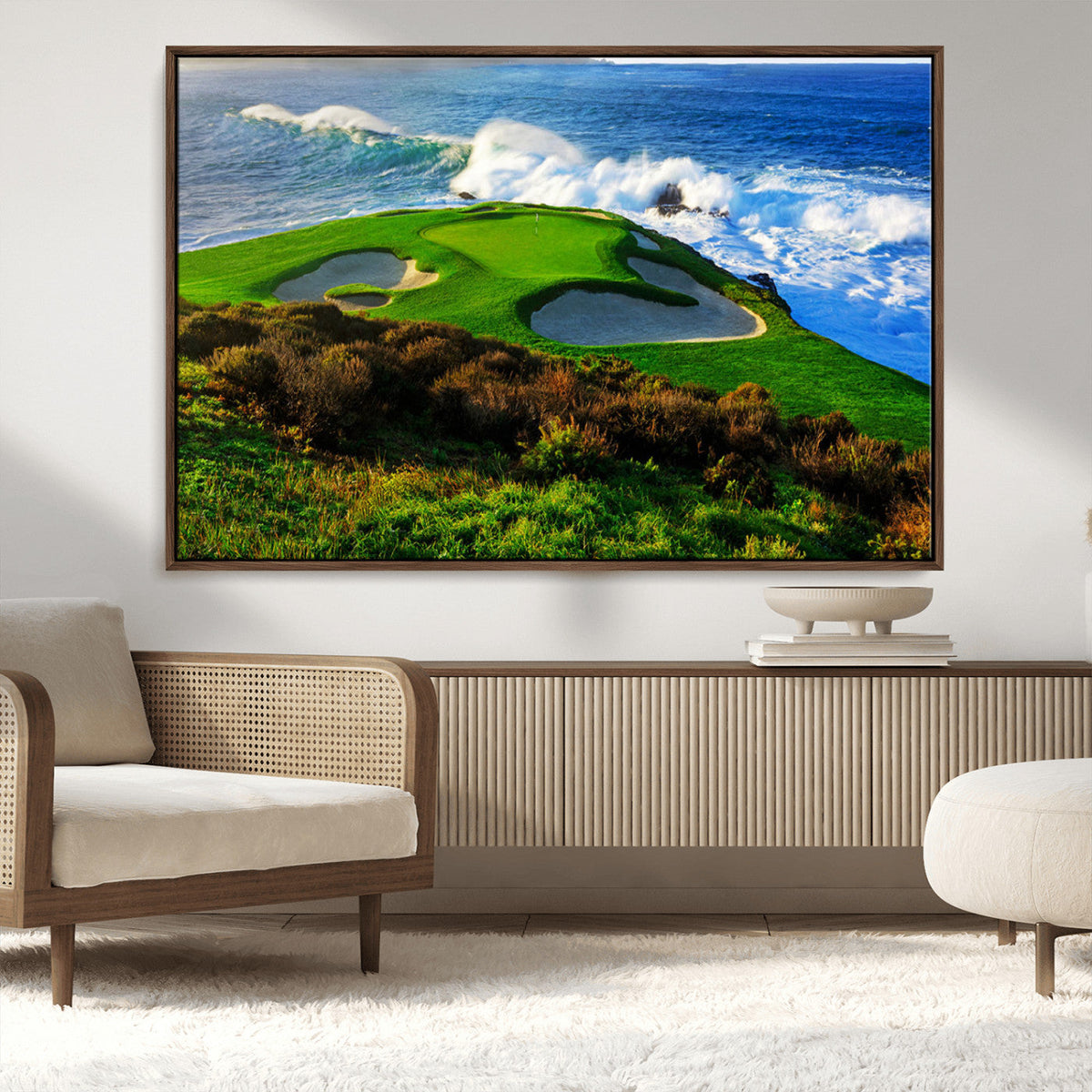 Coastal Golf Course Wall Art Canvas Print, Vibrant Green with Sand Bunkers and Ocean Waves