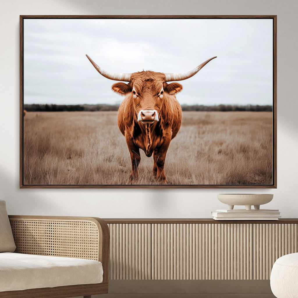 Longhorn Bull Wall Art Canvas Print, Framed Rustic Decor
