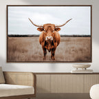 Longhorn Bull Wall Art Canvas Print, Framed Rustic Decor