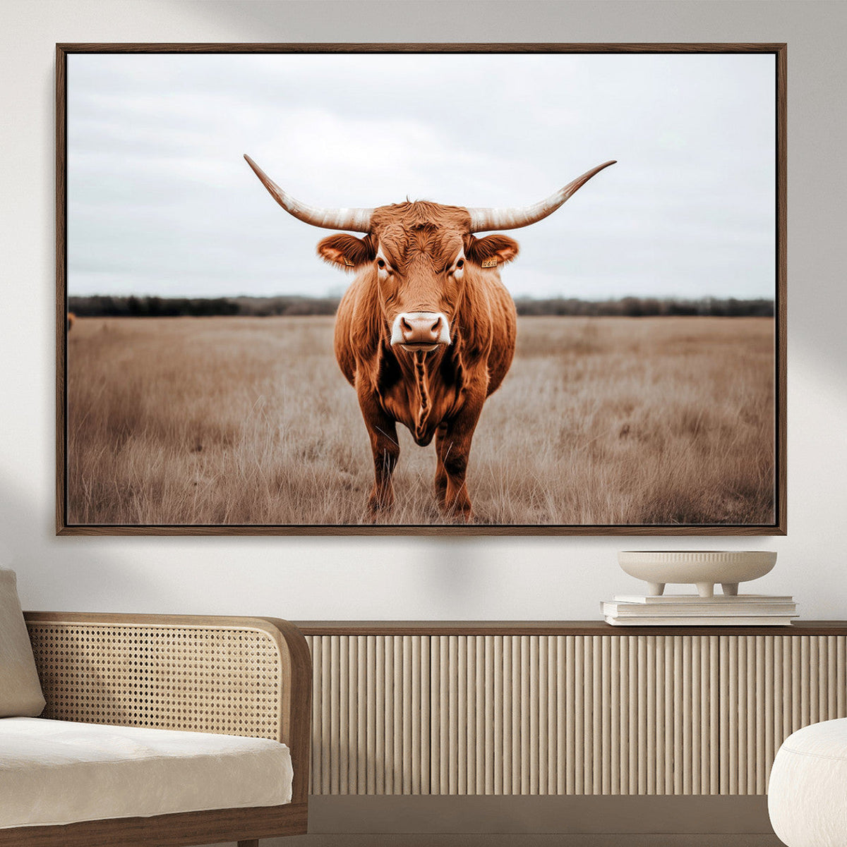 Longhorn Bull Wall Art Canvas Print, Framed Rustic Decor