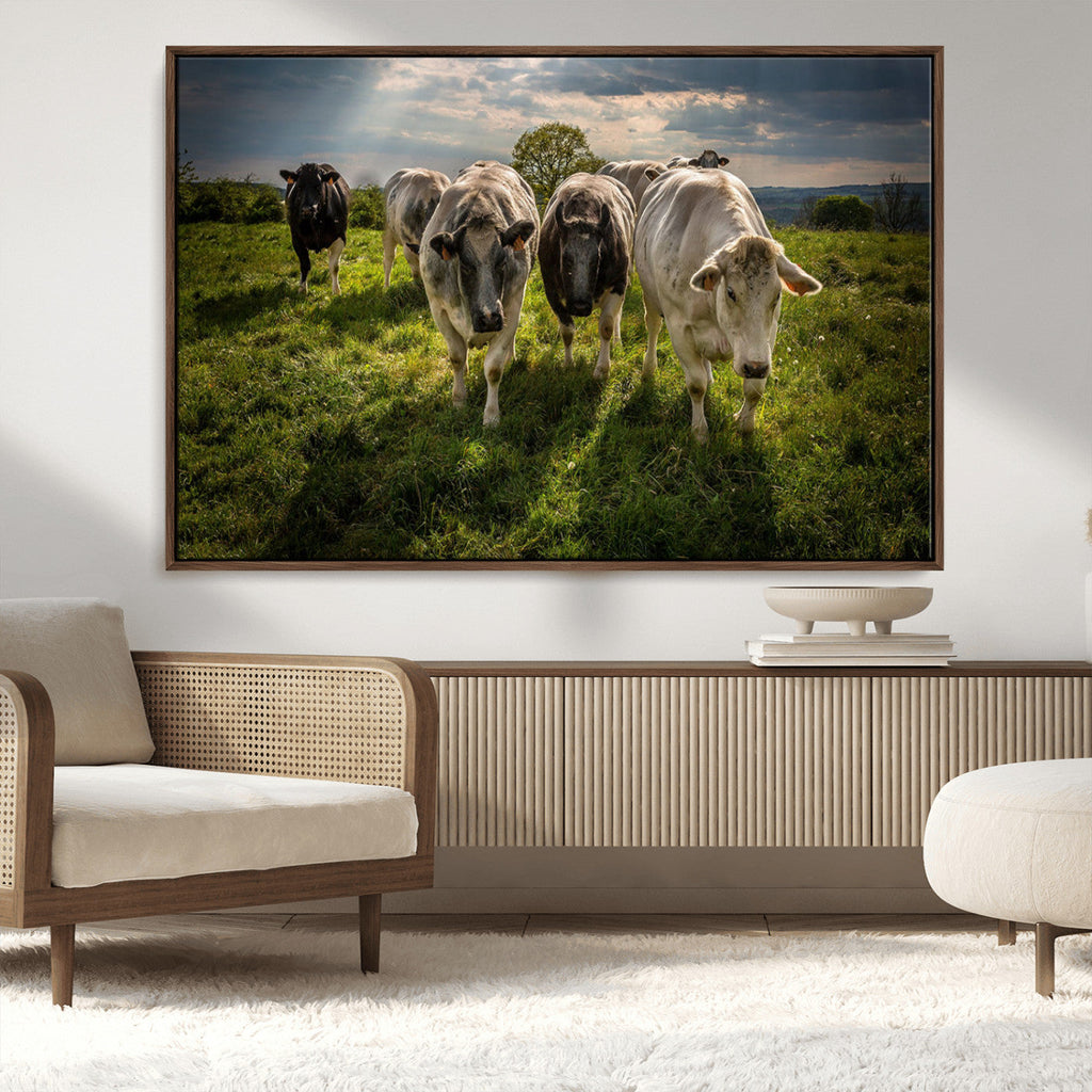 Grazing Cattle Herd Wall Art Canvas Print, Framed Green Pasture Farm Scene