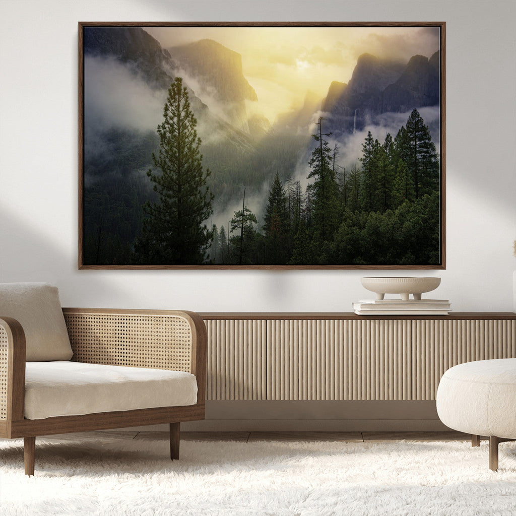 Misty Forest Sunrise Wall Art Canvas Print, Framed Mountain Valley Pine Trees