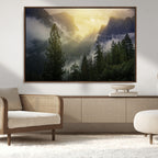 Misty Forest Sunrise Wall Art Canvas Print, Framed Mountain Valley Pine Trees