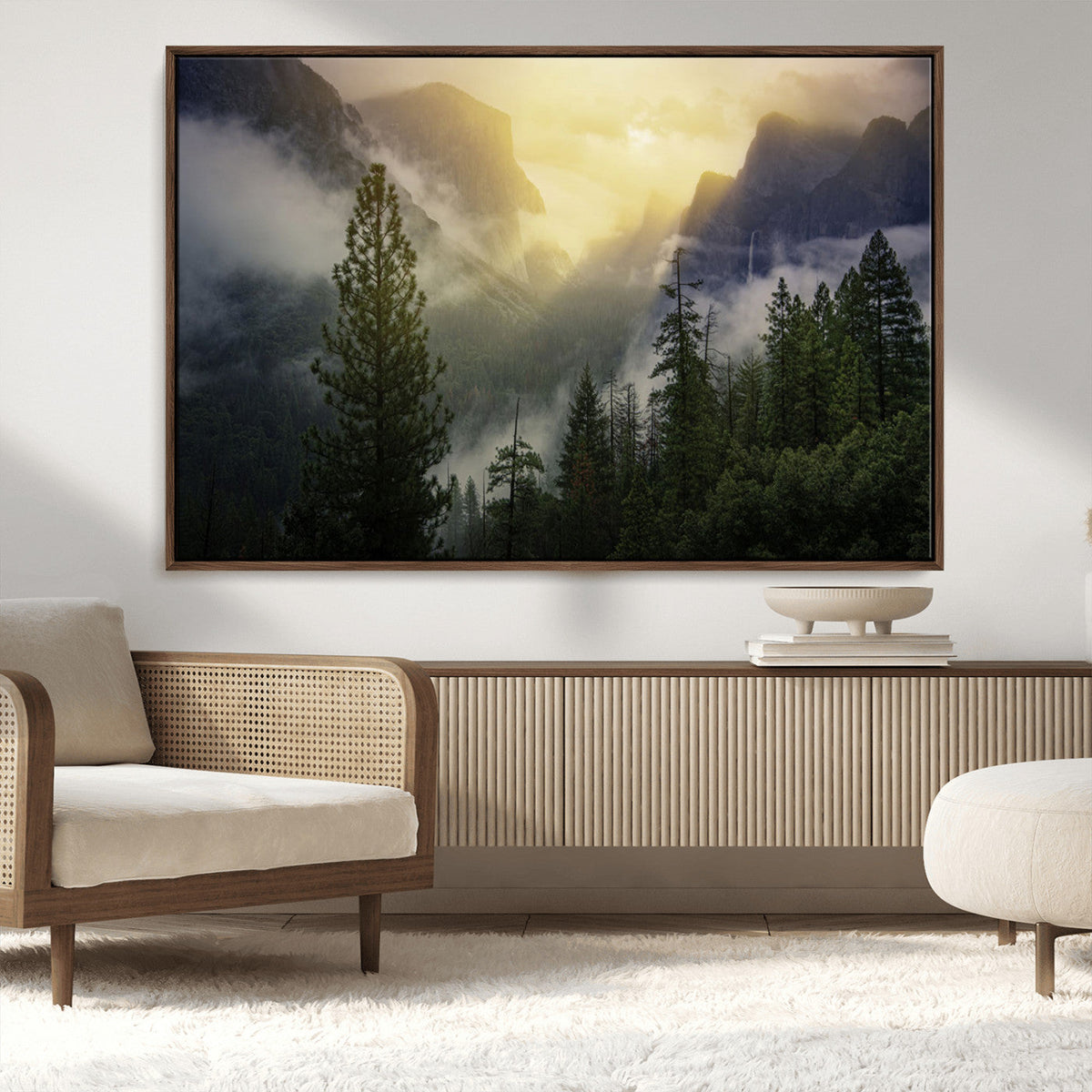 Misty Forest Sunrise Wall Art Canvas Print, Framed Mountain Valley Pine Trees
