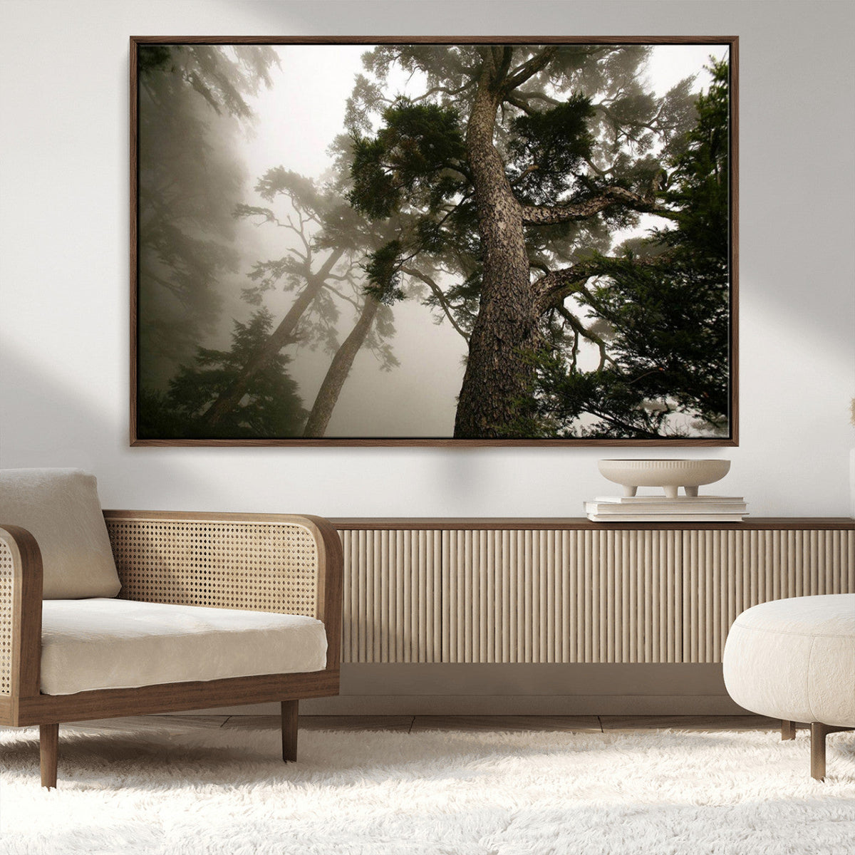 Misty Forest Wall Art Canvas Print, Framed Tall Trees in Foggy Atmosphere