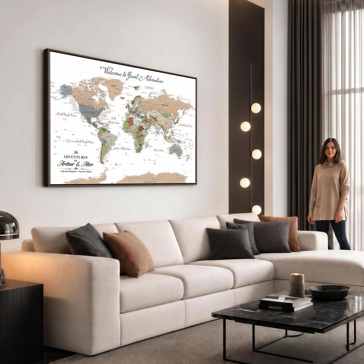 Custom Beige Push Pin World Map Wall Art, Bucket List Map, Study and Hallway Decor