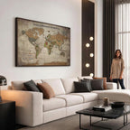 Personalized Beige Geometric World Map Canvas with Push Pins, Next Trip Planner Map, Study and Entryway Decor