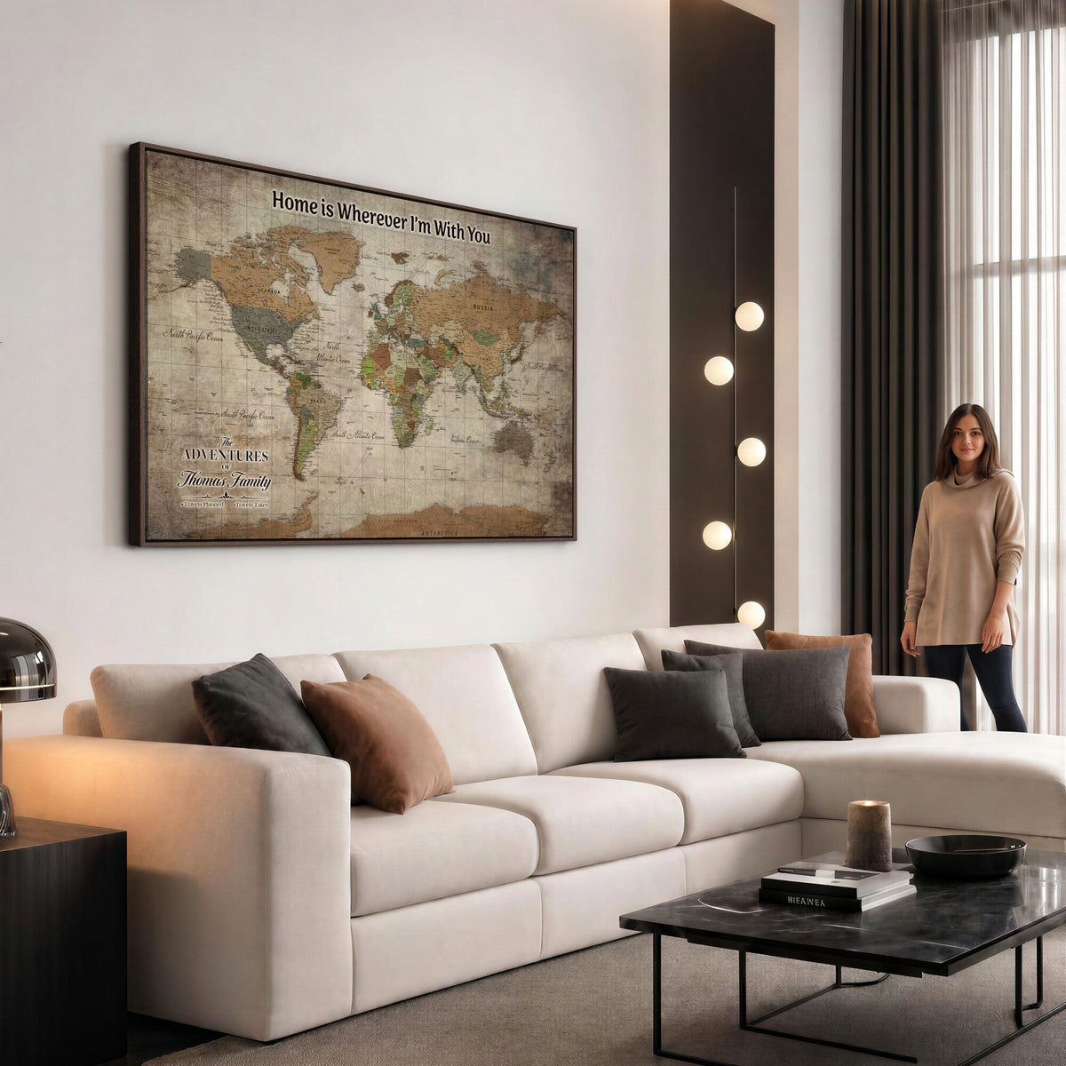 Personalized Beige Geometric World Map Canvas with Push Pins, Next Trip Planner Map, Study and Entryway Decor