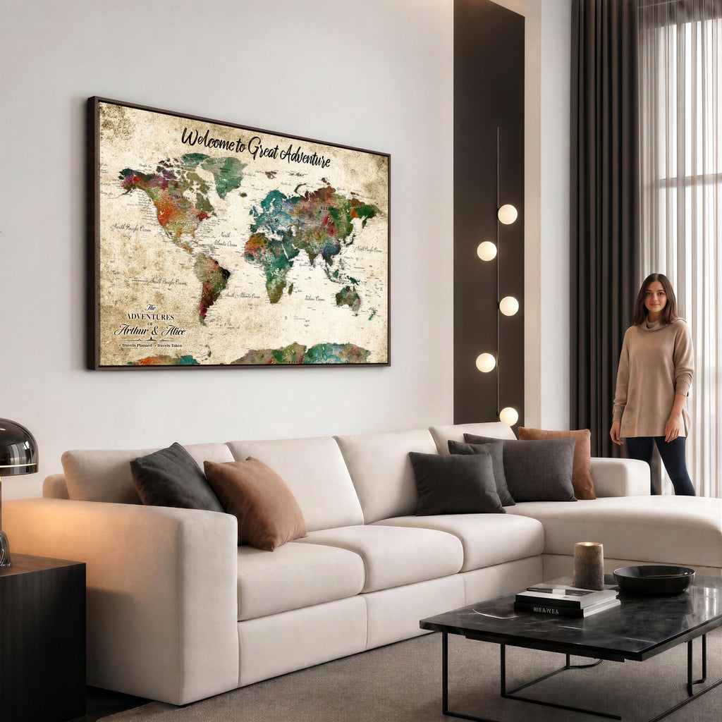 Personalized Beige Grunge World Map Canvas with Push Pins, Next Trip Planner Map, Family Room and Home Office Decor