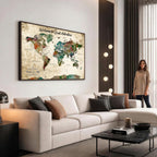 Personalized Beige Grunge World Map Canvas with Push Pins, Next Trip Planner Map, Family Room and Home Office Decor