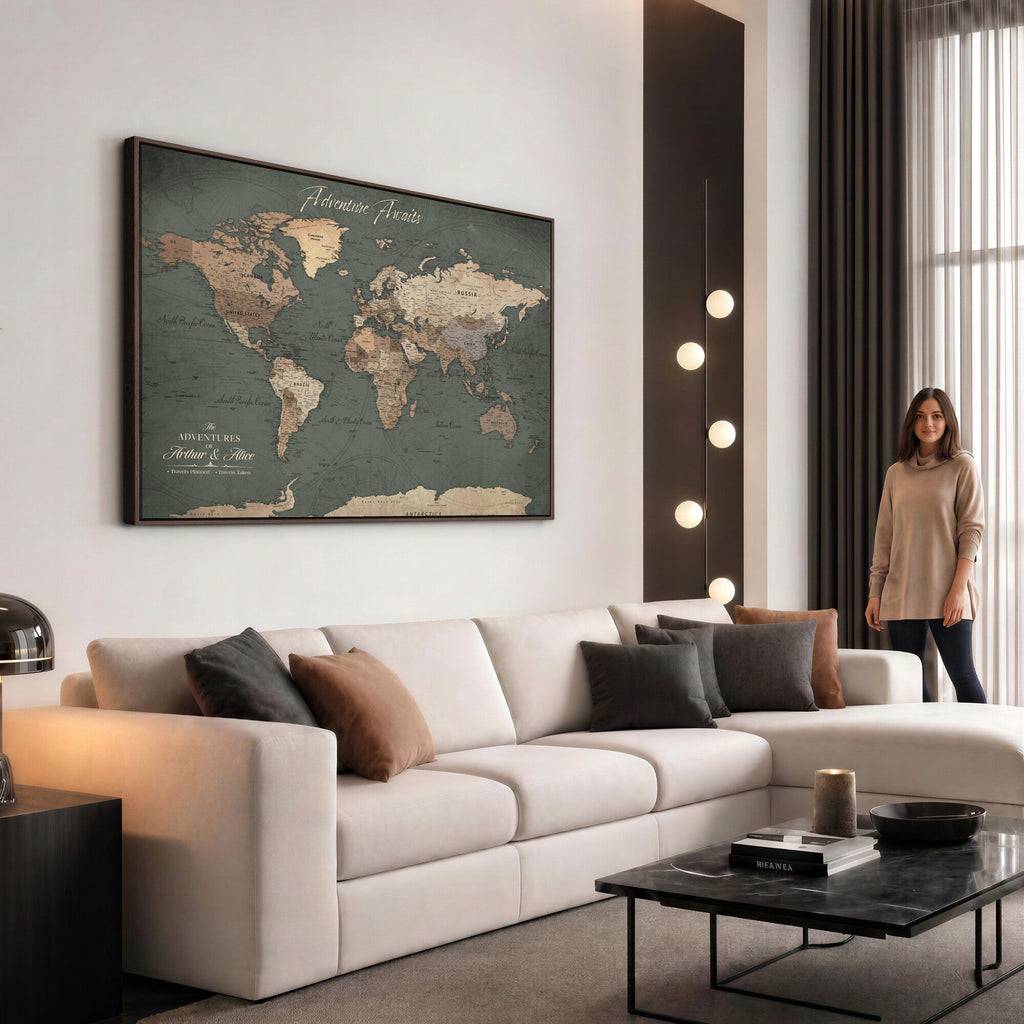 Personalized Framed Beige Modern World Map Canvas with Push Pins, Bucket List Map, Family Room and Dining Room Decor