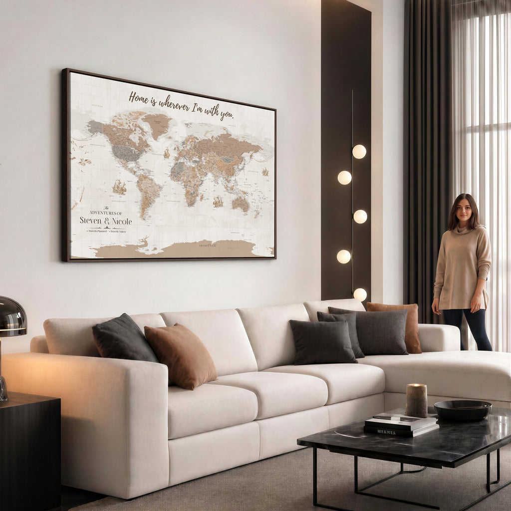 Personalized Beige Geometric Push Pin World Map Canvas Print, Countries Visited Map, Study and Home Office Decor