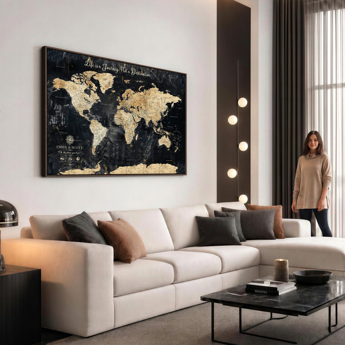 Personalized Framed Beige Push Pin World Map Wall Art, Bucket List Map, Living Room and Dining Room Decor