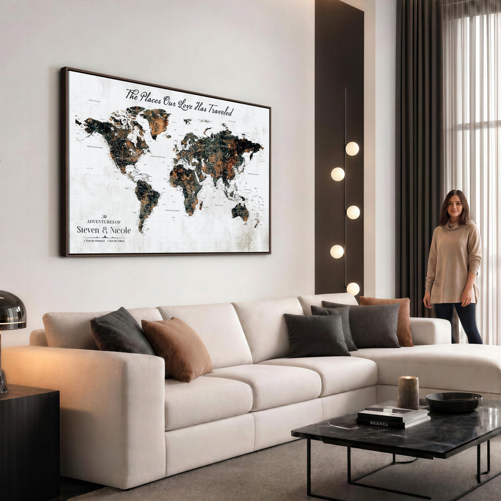 Custom Navy Geometric Push Pin World Map Canvas Print, Bucket List Map, Living Room and Home Office Decor