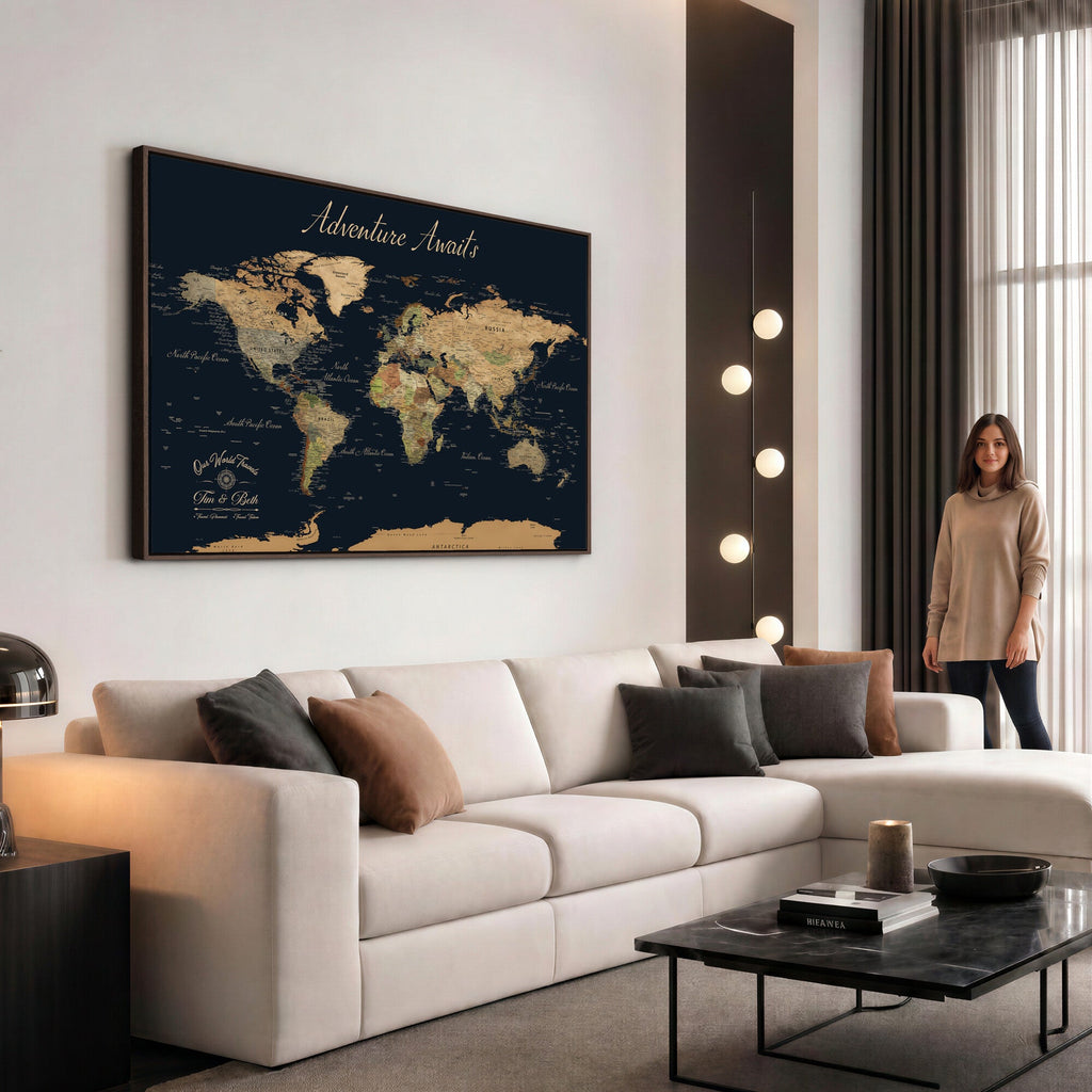Personalized Navy Geometric World Map Canvas with Push Pins, Honeymoon and Anniversary Gift, Home Office and Hallway Decor
