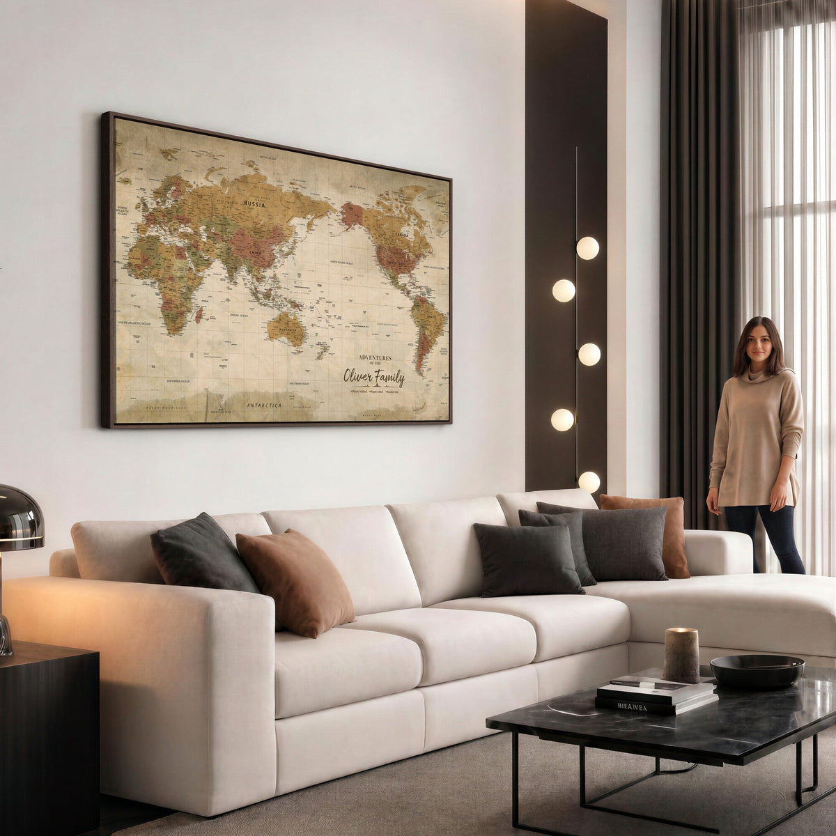 Personalized Framed Navy Modern World Map Canvas with Push Pins, Bucket List Map, Living Room and Entryway Decor