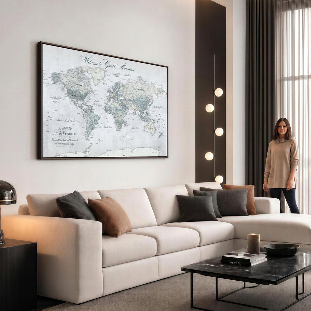 Personalized Beige Antique Push Pin World Map Canvas Print, Family Travel Tracker, Family Room and Entryway Decor