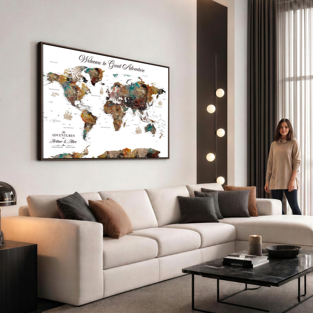 Custom Framed Beige Modern Push Pin World Map Wall Art, Couples Countries Visited Map, Study and Entryway Decor