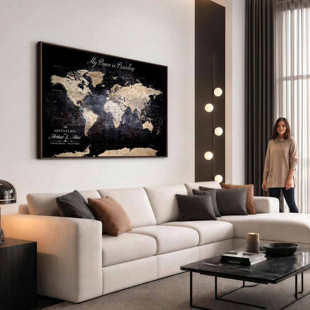 Personalized Beige World Map Canvas with Push Pins, Couples Countries Visited Map, Study and Hallway Decor