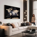 Personalized Beige World Map Canvas with Push Pins, Couples Countries Visited Map, Study and Hallway Decor