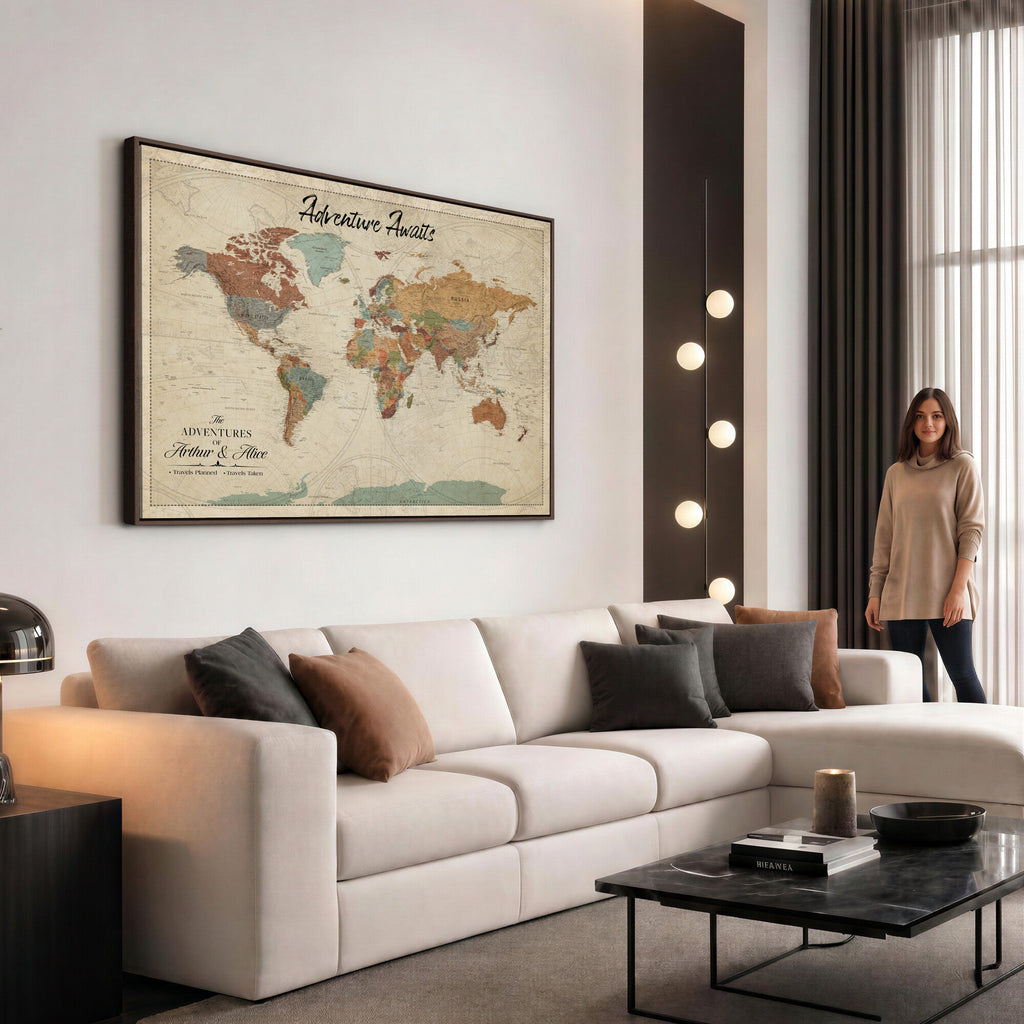 Custom Beige Push Pin World Map Canvas Print, Next Trip Planner Map, Family Room and Study Decor