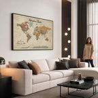 Custom Beige Push Pin World Map Canvas Print, Next Trip Planner Map, Family Room and Study Decor