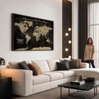 Personalized Framed Black Modern World Map Canvas with Push Pins, Next Trip Planner Map, Dining Room and Home Office Decor