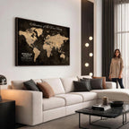 Personalized Framed Beige Geometric Push Pin Travel Map Canvas Print, Honeymoon and Anniversary Gift, Dining Room and Hallway Decor