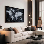 Personalized Framed Beige Modern Push Pin World Map Wall Art, Places Visited Tracker, Family Room and Dining Room Decor