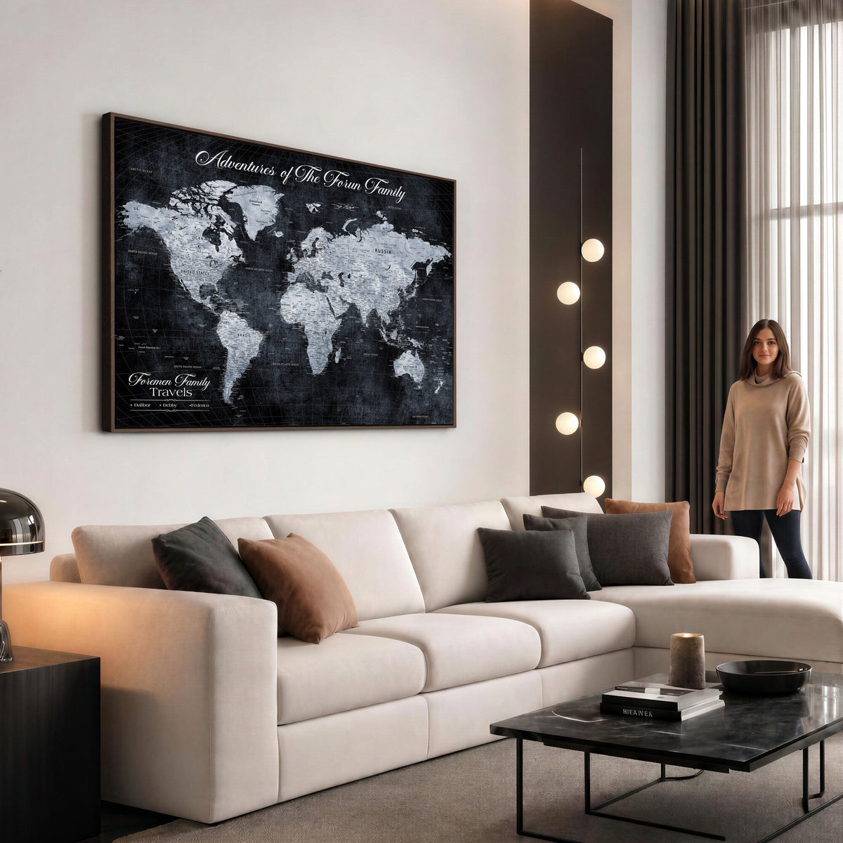 Personalized Framed Beige Modern Push Pin World Map Wall Art, Places Visited Tracker, Family Room and Dining Room Decor