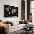 Personalized Framed Black Geometric World Map Canvas with Push Pins, Bucket List Map, Living Room and Dining Room Decor