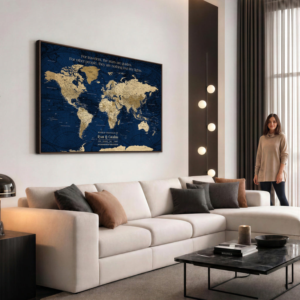 Personalized Framed Black Push Pin Travel Map Canvas Print, Next Trip Planner Map, Dining Room and Bedroom Decor