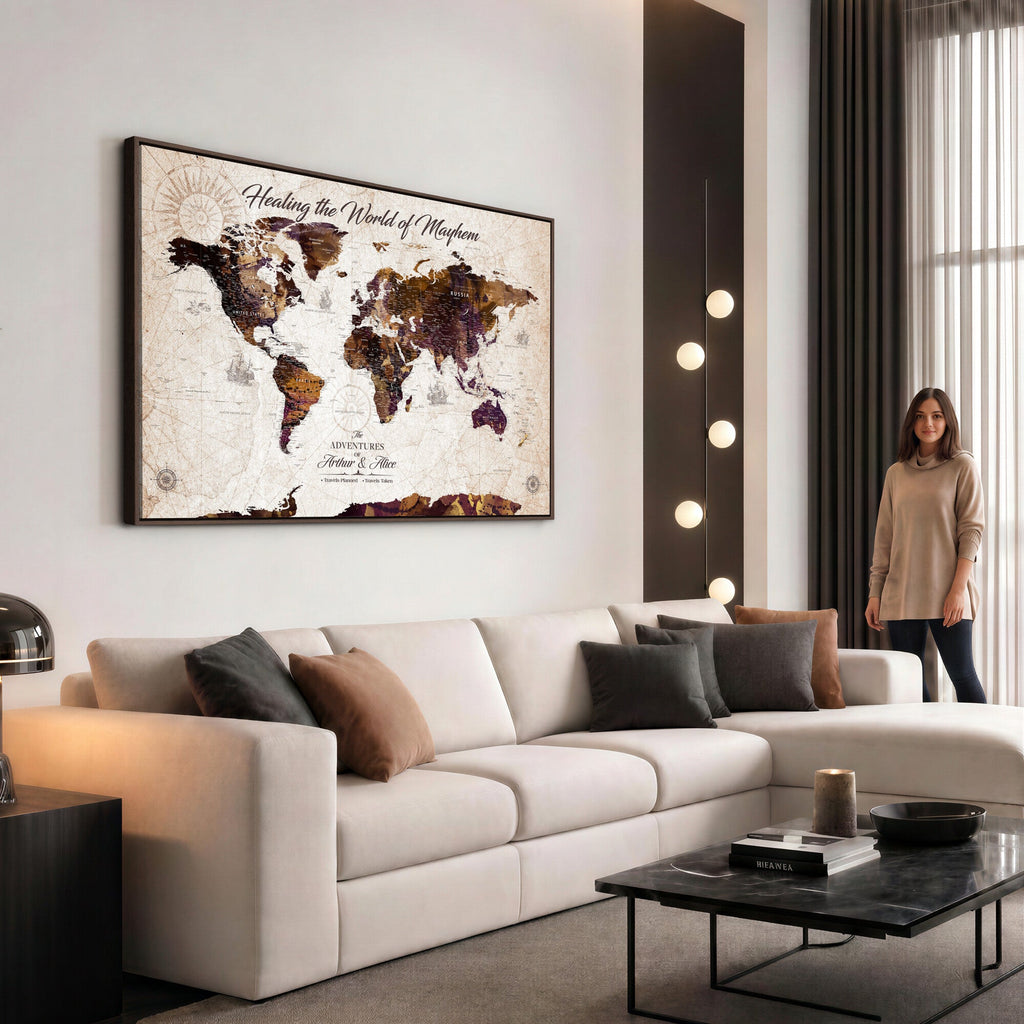 Personalized Framed Navy World Travel Map Wall Art with Pins, Honeymoon and Anniversary Gift, Living Room and Bedroom Decor