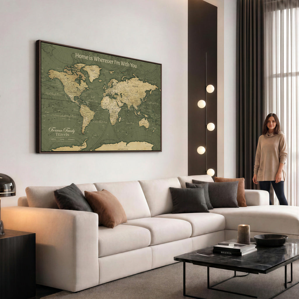 Personalized Framed Beige Geometric Push Pin World Map Canvas Print, Honeymoon and Anniversary Gift, Dining Room and Bedroom Decor
