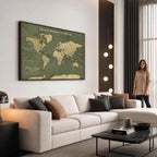 Personalized Framed Beige Geometric Push Pin World Map Canvas Print, Honeymoon and Anniversary Gift, Dining Room and Bedroom Decor