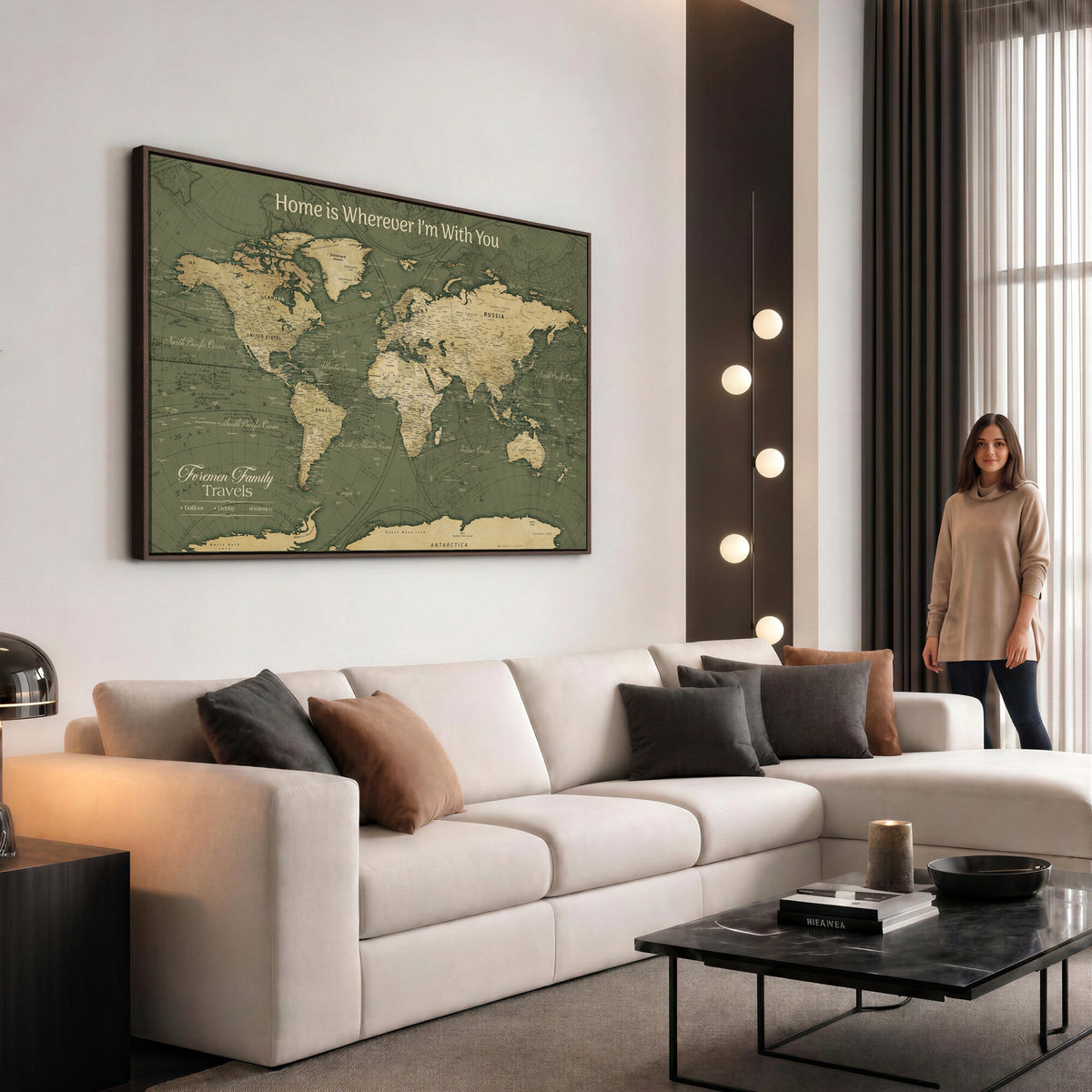 Personalized Framed Beige Geometric Push Pin World Map Canvas Print, Honeymoon and Anniversary Gift, Dining Room and Bedroom Decor