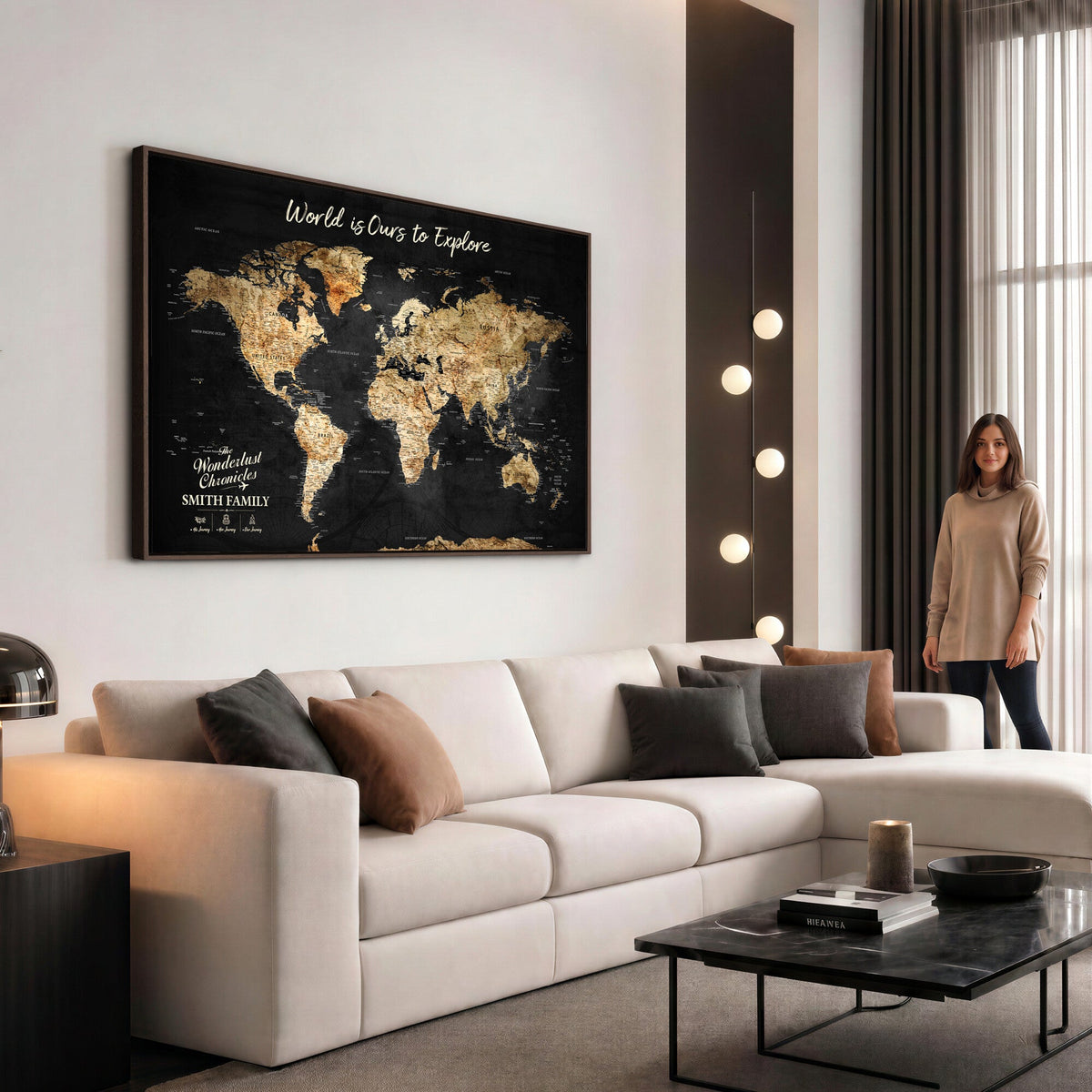 Personalized Framed Black Beige Modern World Travel Map Wall Art with Pins, Bucket List Map, Living Room and Hallway Decor