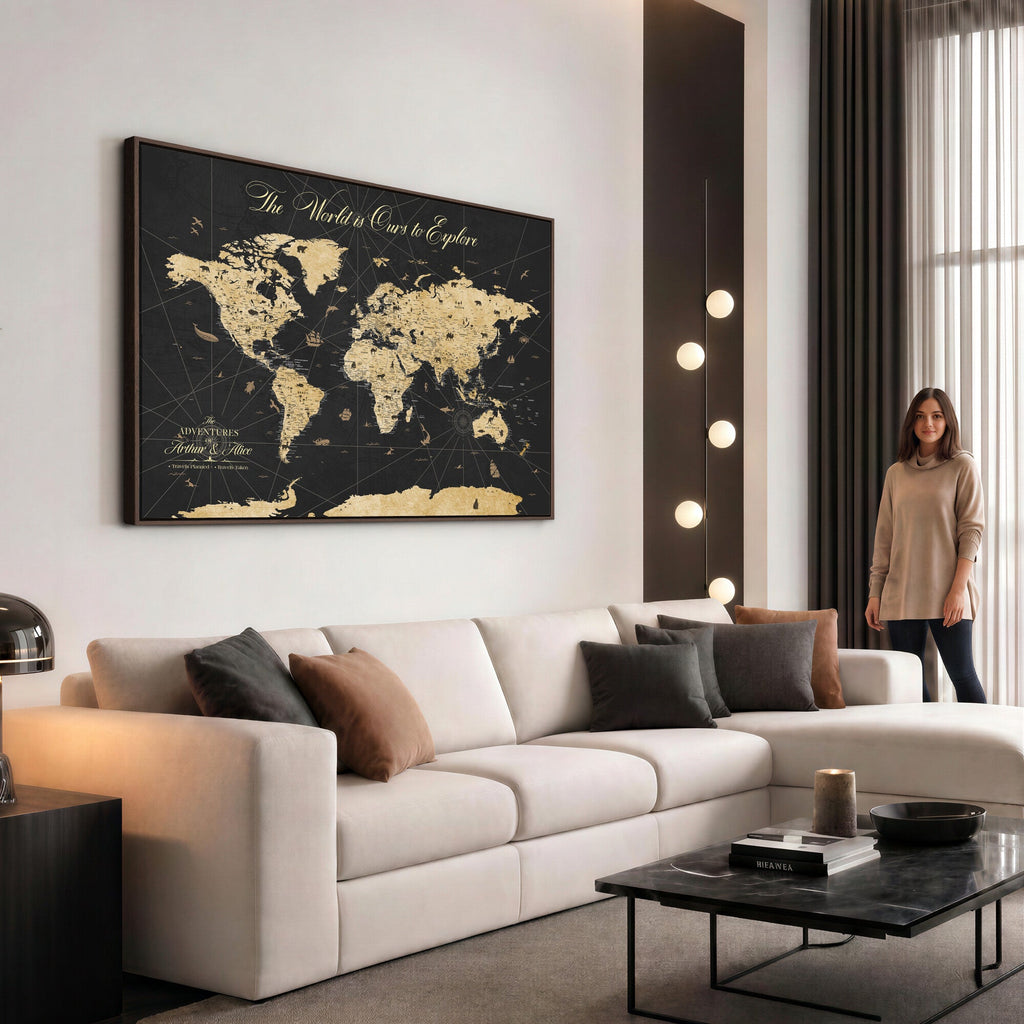 Custom Push Pin World Map Canvas Print, Couples Countries Visited Map, Living Room and Home Office Decor