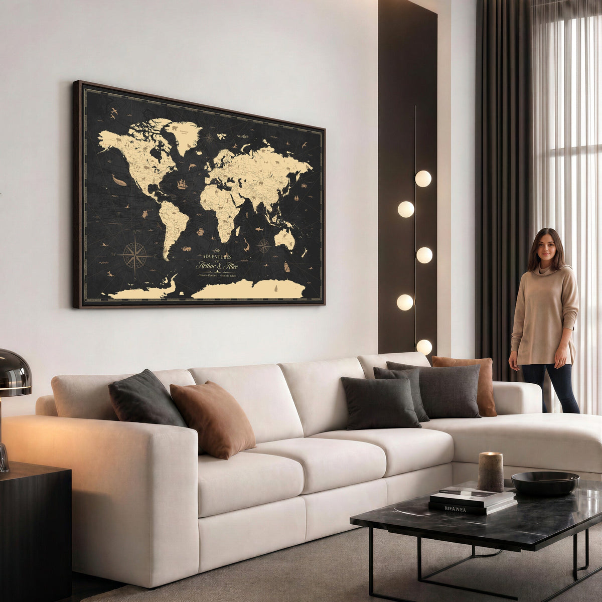 Personalized Beige Push Pin World Map Canvas Print, Places Visited Tracker, Home Office and Study Decor
